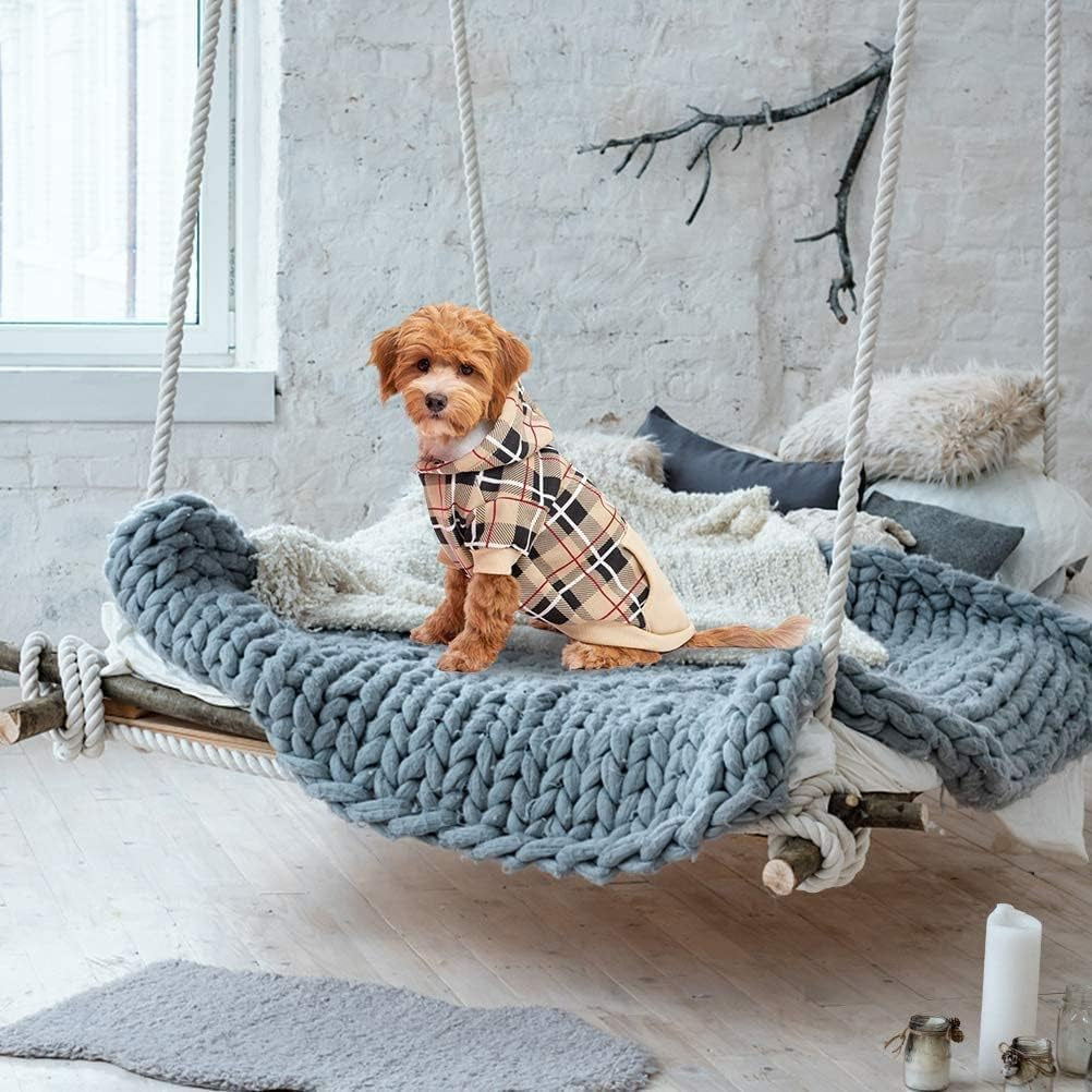 Charming Plaid Dog Hoodie - Cozy British Style Sweater with Leash Hole for All Breeds - Perfect Winter Apparel for Your Furry Friend in Beige, Medium Size