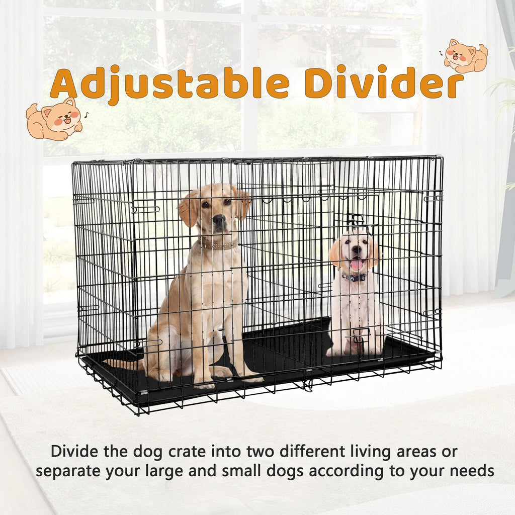 Premium 42 Inch Foldable Dog Crate with Double Doors - Durable Metal Wire Cage for Large Dogs, Ideal for Indoor and Outdoor Use, Complete with Removable Tray and Convenient Handle