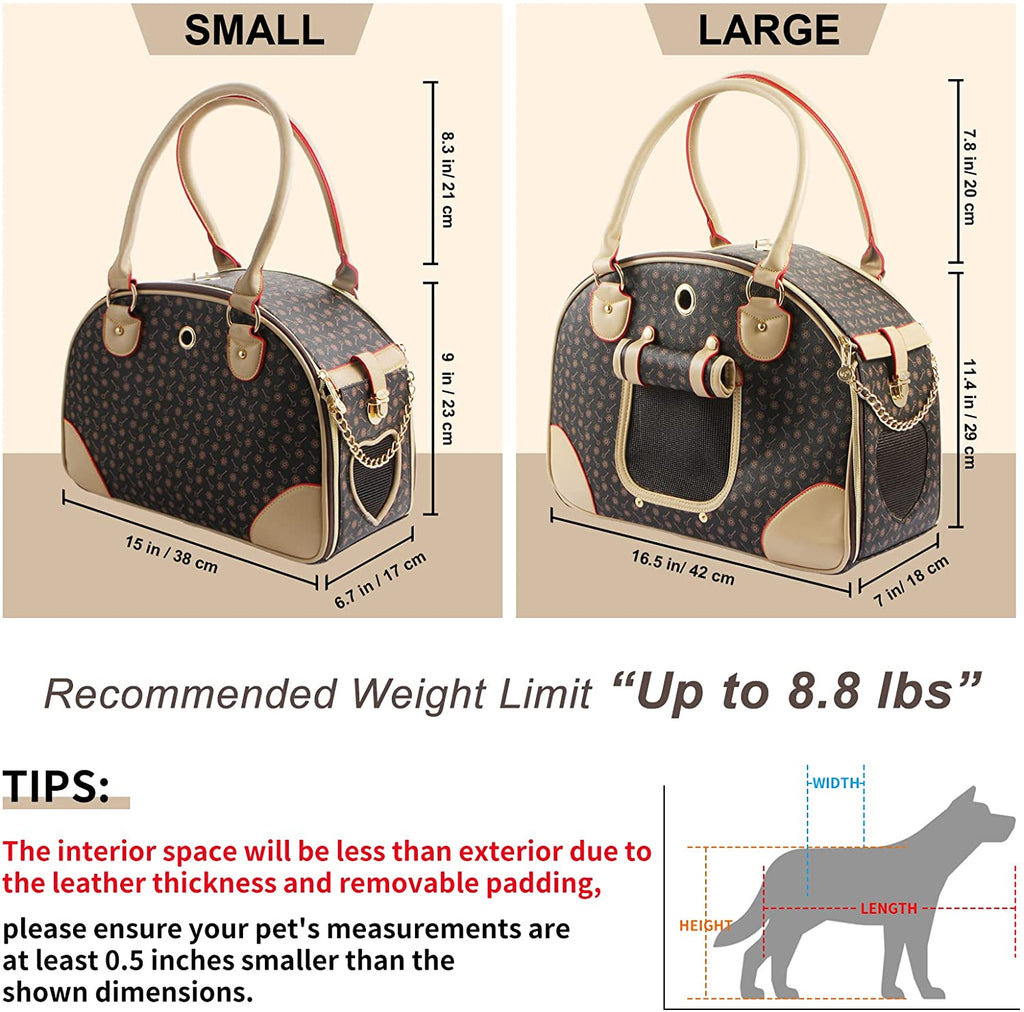 Fashion Dog Carrier PU Leather Dog Handbag Dog Purse Cat Tote Bag Pet Cat Dog Hiking Bag, Brown, Large 42 * 29 * 18Cm