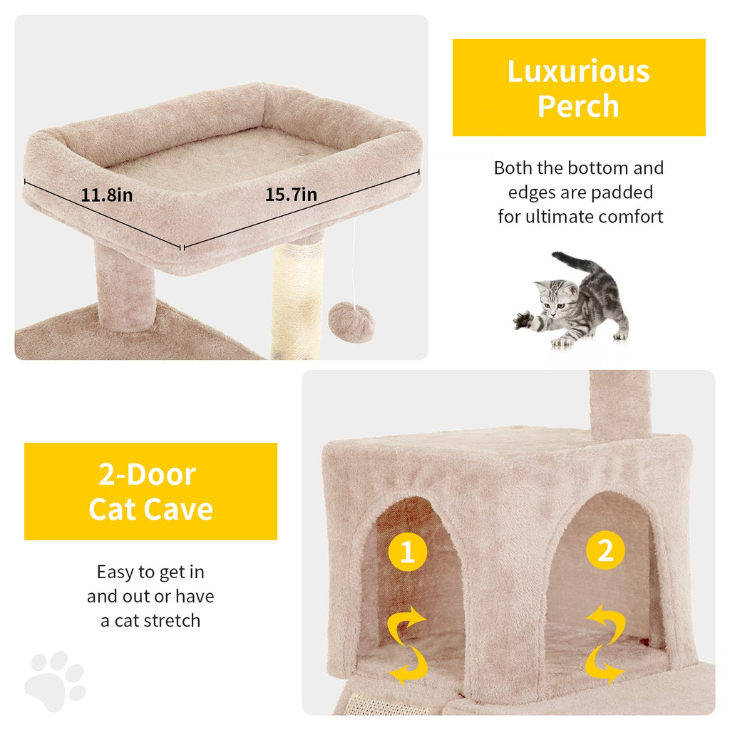 36 Inches Cat Tree for Indoor Cats Cat Tower with Scratching Posts Multi-Level Cat Furniture Condo with Ramp, Perch Spacious Cat Cave & Funny Toys for Kittens House,Beige