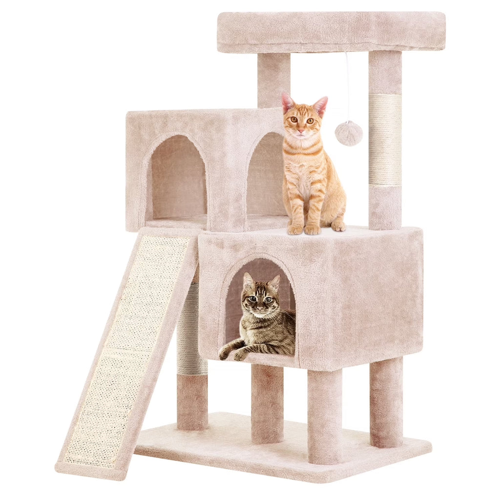 36 Inches Cat Tree for Indoor Cats Cat Tower with Scratching Posts Multi-Level Cat Furniture Condo with Ramp, Perch Spacious Cat Cave & Funny Toys for Kittens House,Beige
