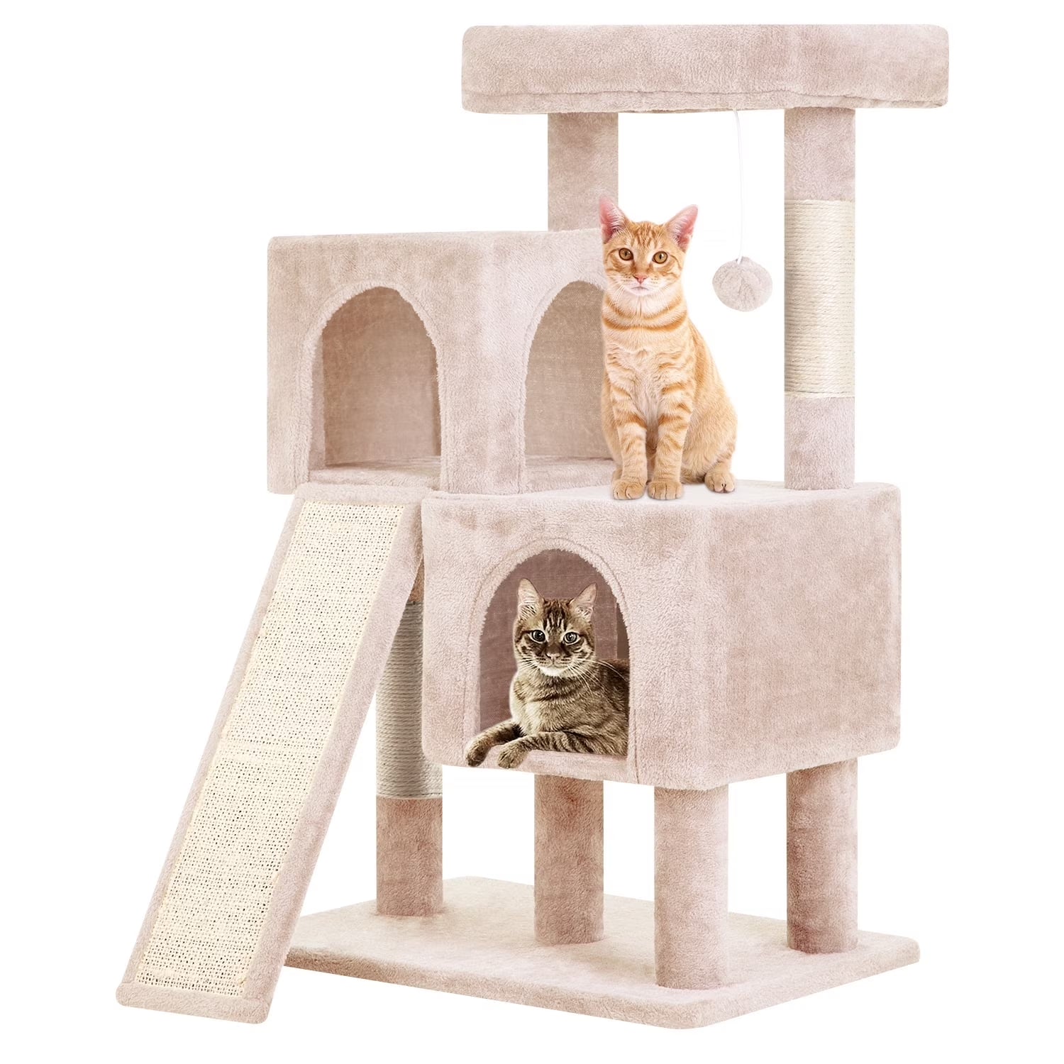 36 Inches Cat Tree for Indoor Cats Cat Tower with Scratching Posts Multi-Level Cat Furniture Condo with Ramp, Perch Spacious Cat Cave & Funny Toys for Kittens House,Beige