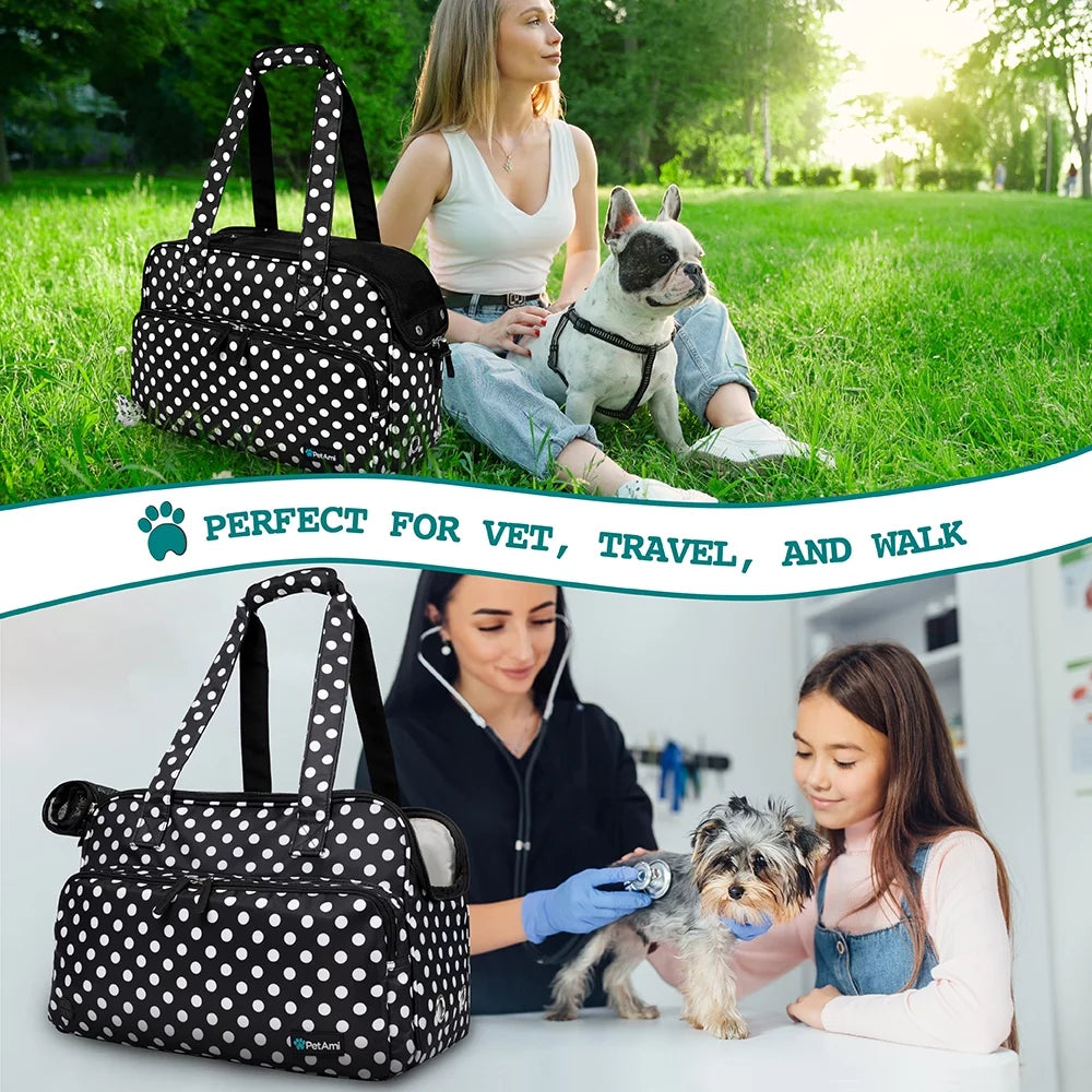 Small Dog Purse Carrier, Soft-Sided Pet Carrier Bag Pockets, Portable Medium Dog Puppy Large Cat Travel Handbag Tote, Airline Approved Breathable Mesh Poop Dispenser Sherpa Bed, Polka Dot Black