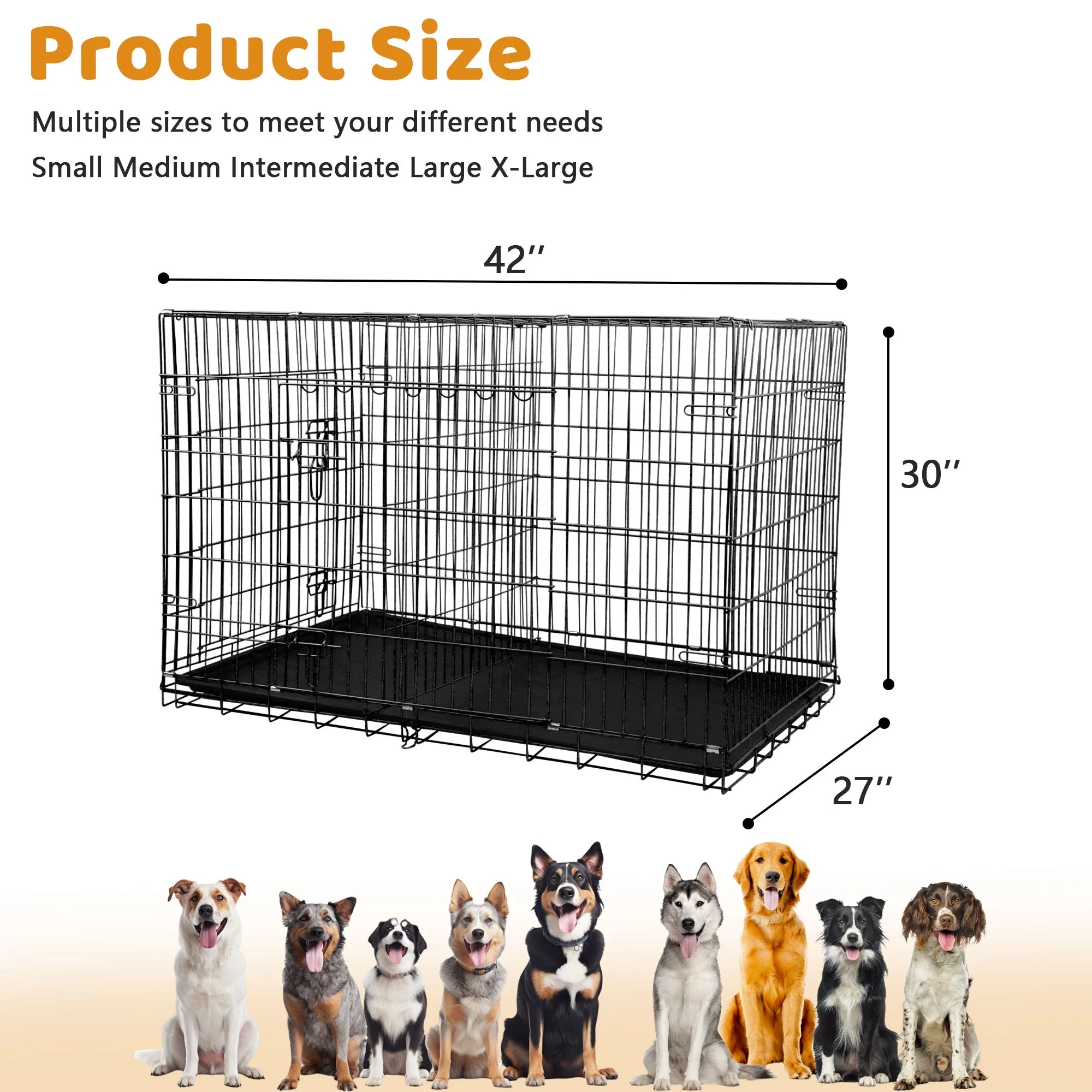 Premium 42 Inch Foldable Dog Crate with Double Doors - Durable Metal Wire Cage for Large Dogs, Ideal for Indoor and Outdoor Use, Complete with Removable Tray and Convenient Handle