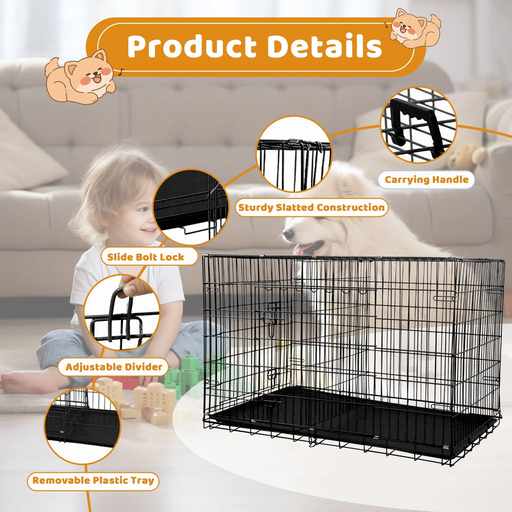 Premium 42 Inch Foldable Dog Crate with Double Doors - Durable Metal Wire Cage for Large Dogs, Ideal for Indoor and Outdoor Use, Complete with Removable Tray and Convenient Handle