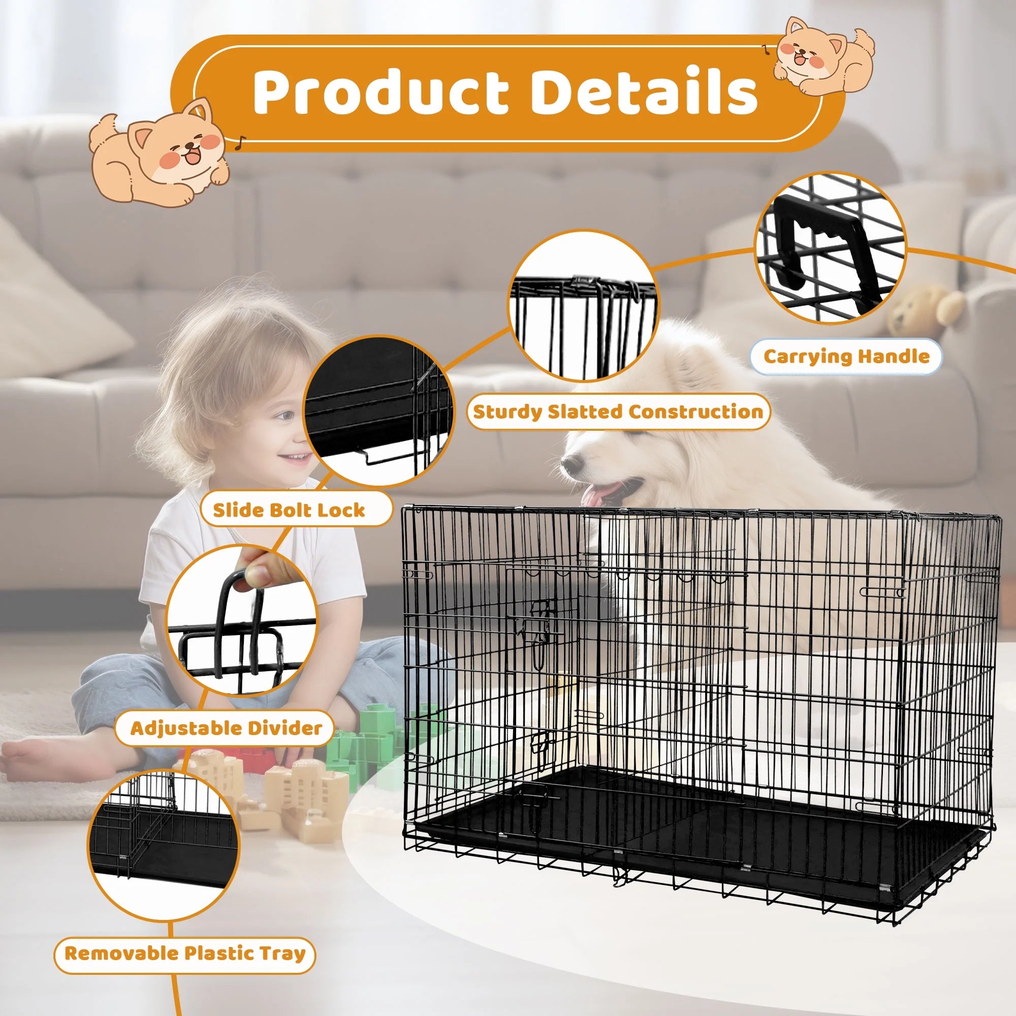Premium 42 Inch Foldable Dog Crate with Double Doors - Durable Metal Wire Cage for Large Dogs, Ideal for Indoor and Outdoor Use, Complete with Removable Tray and Convenient Handle