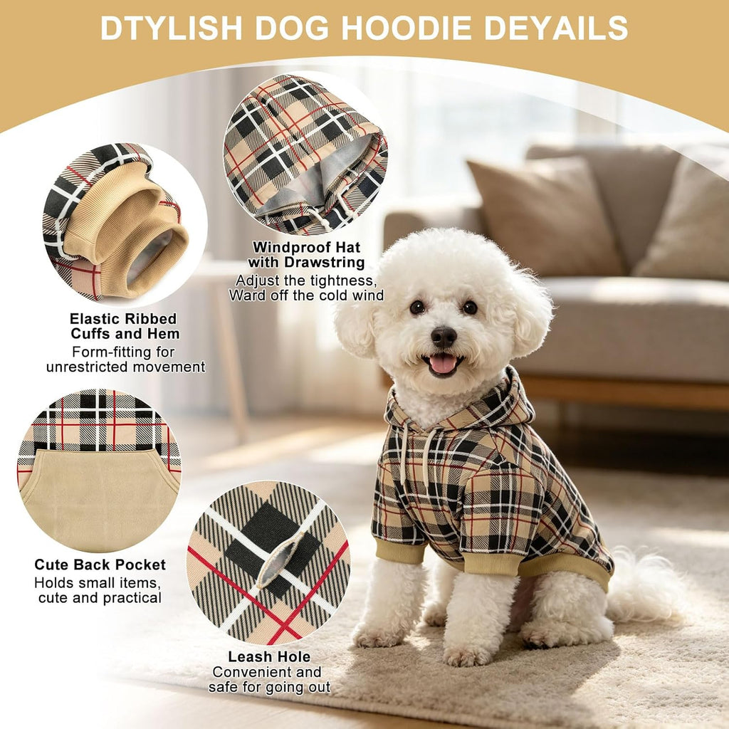 Charming Plaid Dog Hoodie - Cozy British Style Sweater with Leash Hole for All Breeds - Perfect Winter Apparel for Your Furry Friend in Beige, Medium Size