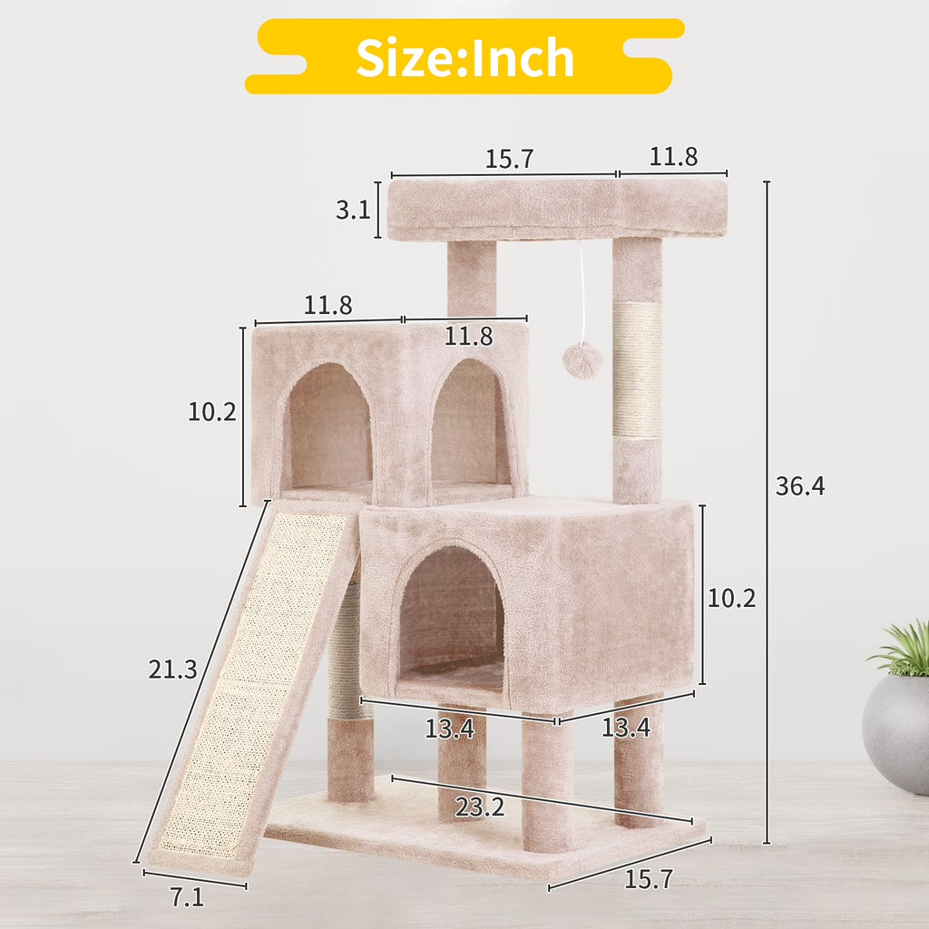 36 Inches Cat Tree for Indoor Cats Cat Tower with Scratching Posts Multi-Level Cat Furniture Condo with Ramp, Perch Spacious Cat Cave & Funny Toys for Kittens House,Beige
