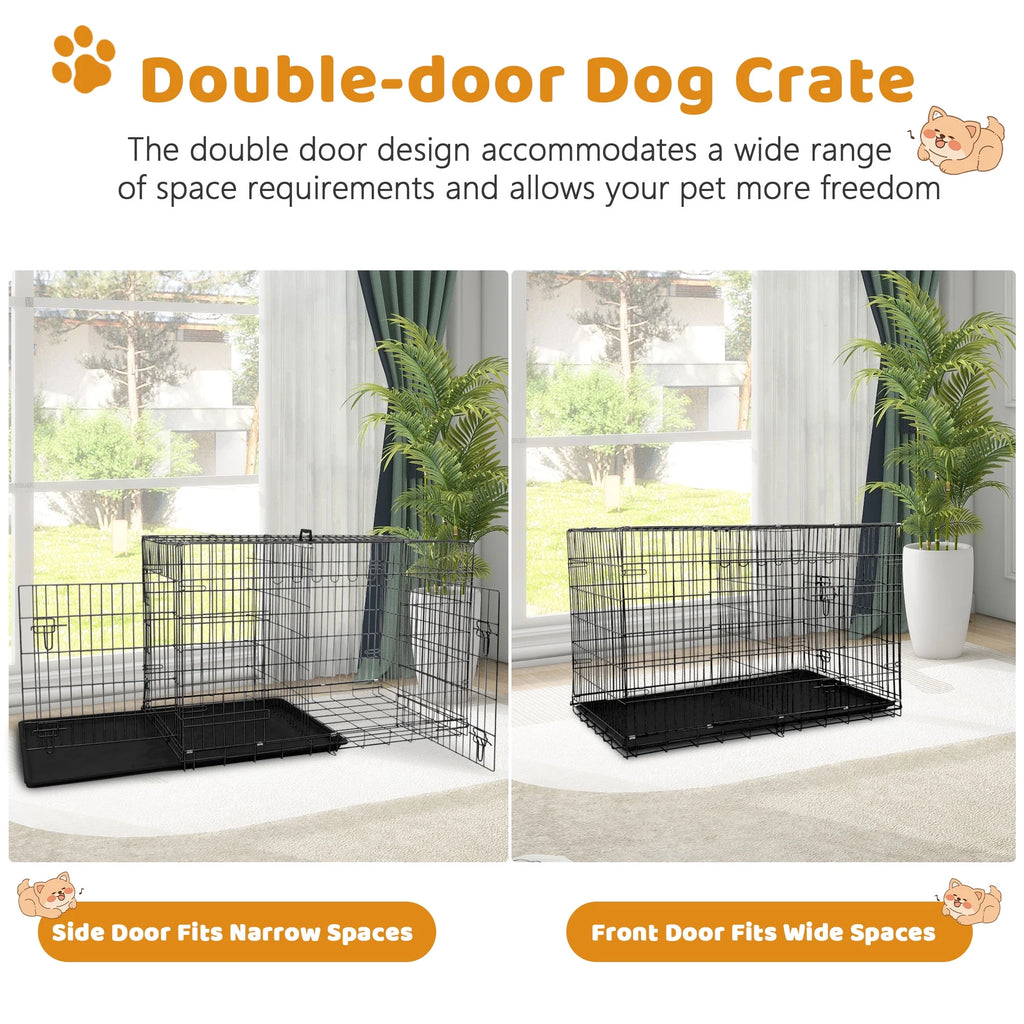 Premium 42 Inch Foldable Dog Crate with Double Doors - Durable Metal Wire Cage for Large Dogs, Ideal for Indoor and Outdoor Use, Complete with Removable Tray and Convenient Handle