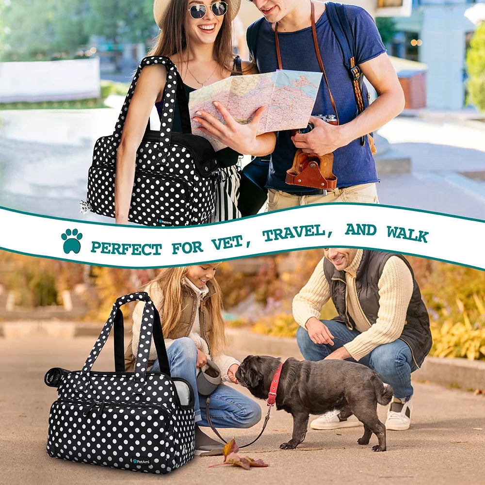 Small Dog Purse Carrier, Soft-Sided Pet Carrier Bag Pockets, Portable Medium Dog Puppy Large Cat Travel Handbag Tote, Airline Approved Breathable Mesh Poop Dispenser Sherpa Bed, Polka Dot Black