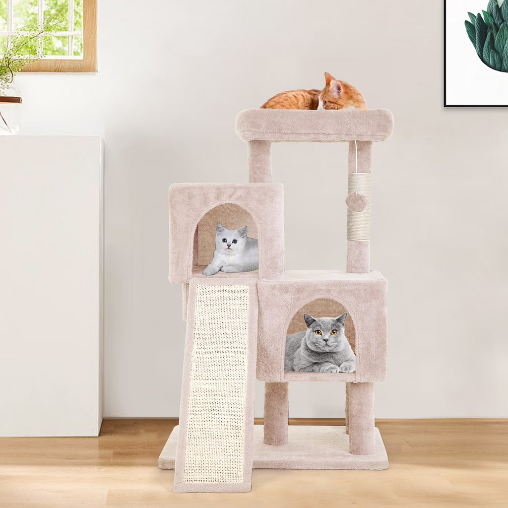 36 Inches Cat Tree for Indoor Cats Cat Tower with Scratching Posts Multi-Level Cat Furniture Condo with Ramp, Perch Spacious Cat Cave & Funny Toys for Kittens House,Beige