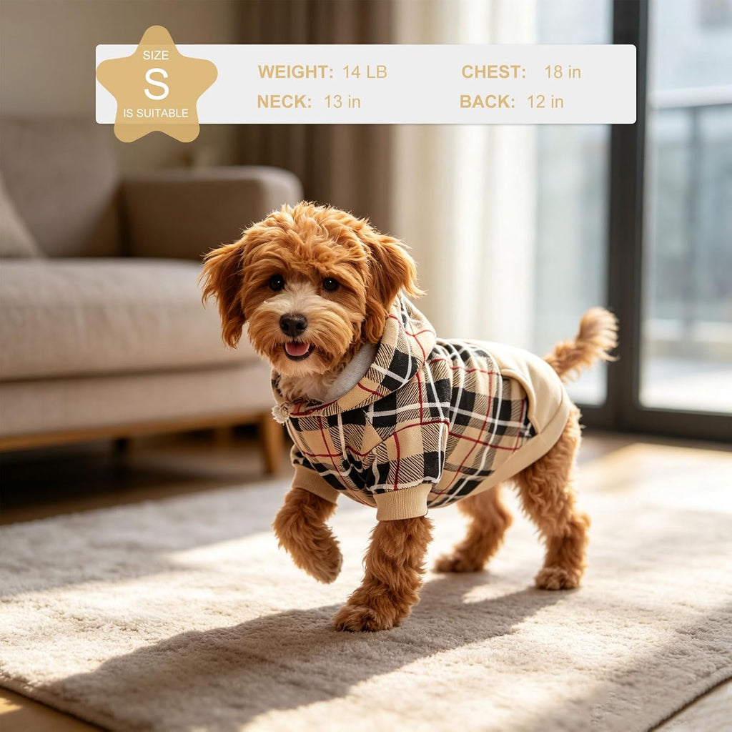 Charming Plaid Dog Hoodie - Cozy British Style Sweater with Leash Hole for All Breeds - Perfect Winter Apparel for Your Furry Friend in Beige, Medium Size