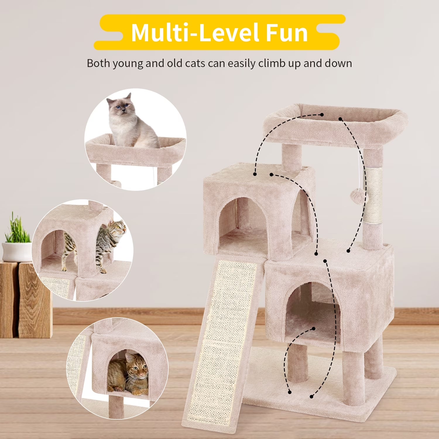 36 Inches Cat Tree for Indoor Cats Cat Tower with Scratching Posts Multi-Level Cat Furniture Condo with Ramp, Perch Spacious Cat Cave & Funny Toys for Kittens House,Beige