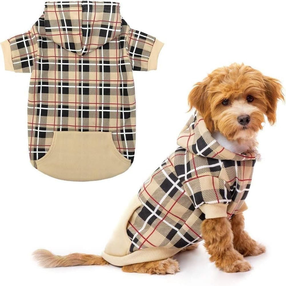 Charming Plaid Dog Hoodie - Cozy British Style Sweater with Leash Hole for All Breeds - Perfect Winter Apparel for Your Furry Friend in Beige, Medium Size