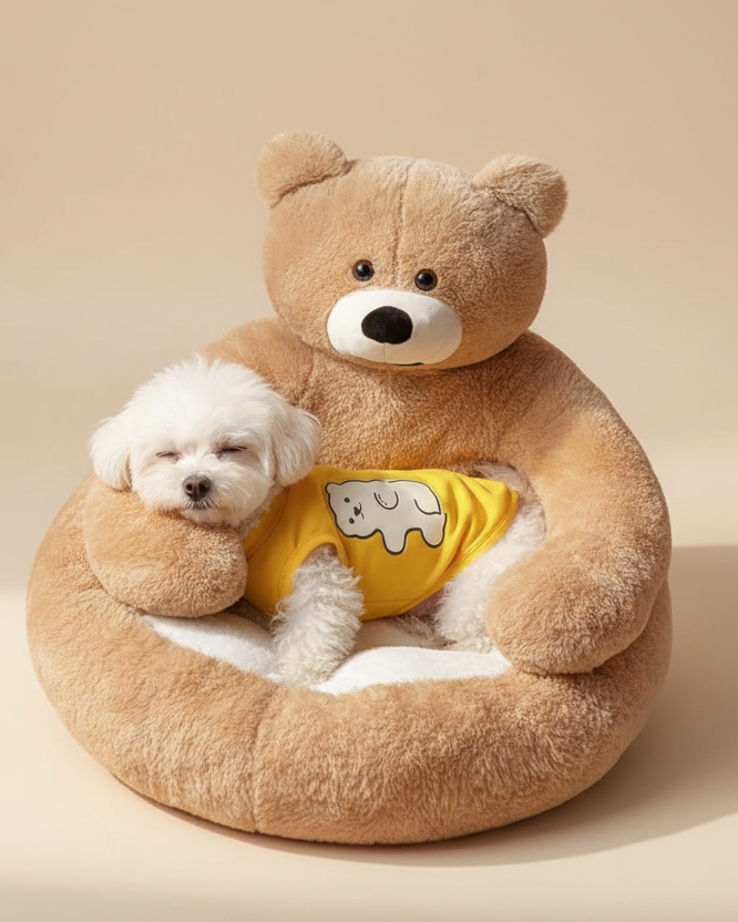 Cute Bear Hug Design Dog Cat Beds Plush Pet Beds Cuddler, Warm Soft Calming Dog Beds with Removable Washable Cover Non-Slip Bottom (Diameter 22 In, Khaki)