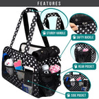 Small Dog Purse Carrier, Soft-Sided Pet Carrier Bag Pockets, Portable Medium Dog Puppy Large Cat Travel Handbag Tote, Airline Approved Breathable Mesh Poop Dispenser Sherpa Bed, Polka Dot Black