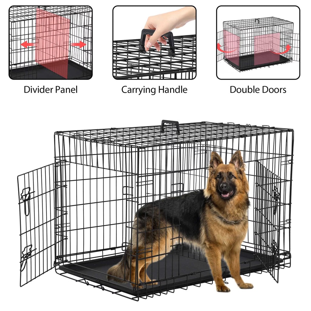 Premium 42 Inch Foldable Dog Crate with Double Doors - Durable Metal Wire Cage for Large Dogs, Ideal for Indoor and Outdoor Use, Complete with Removable Tray and Convenient Handle
