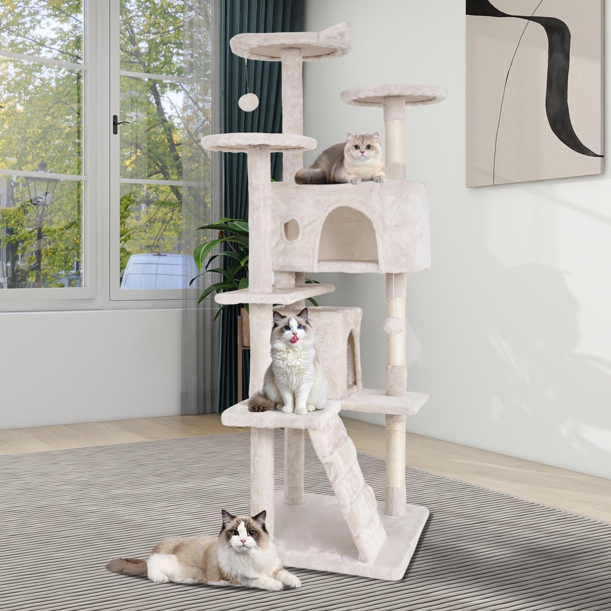 36 Inches Cat Tree for Indoor Cats Cat Tower with Scratching Posts Multi-Level Cat Furniture Condo with Ramp, Perch Spacious Cat Cave & Funny Toys for Kittens House,Beige