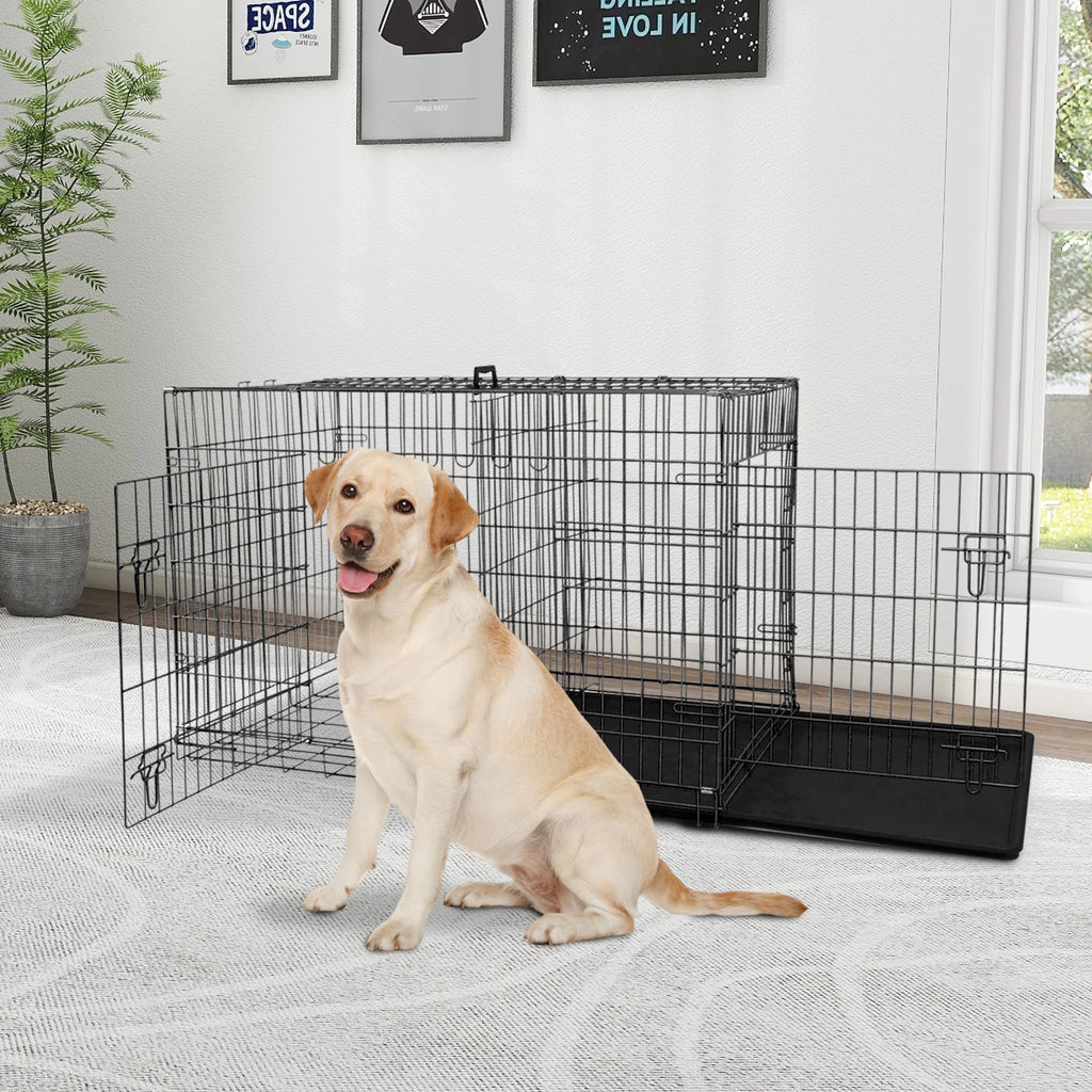 Premium 42 Inch Foldable Dog Crate with Double Doors - Durable Metal Wire Cage for Large Dogs, Ideal for Indoor and Outdoor Use, Complete with Removable Tray and Convenient Handle